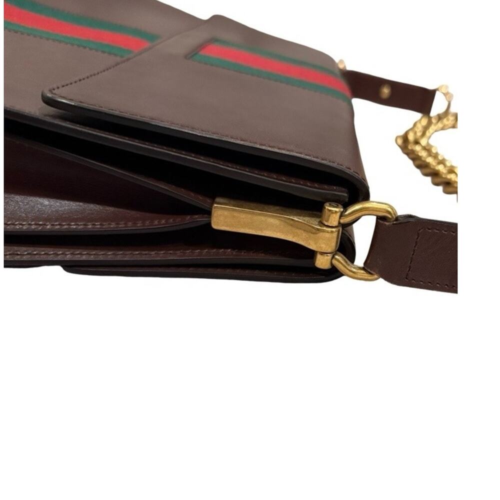 Gucci GG Marmont Web Shoulder Bag Brown Leather Gold Chain Crossbody Designer - Picture 17 of 17
